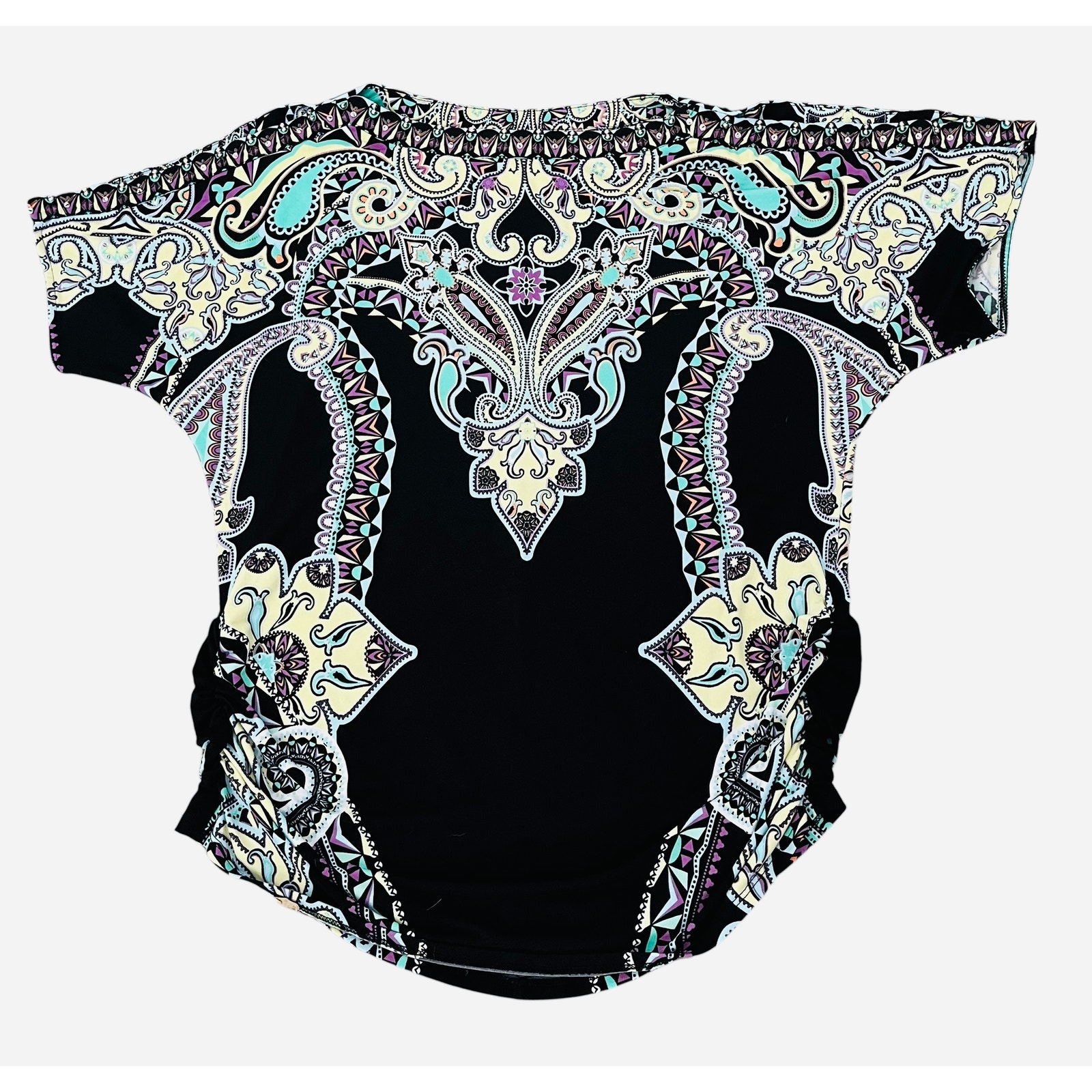 Roz & Ali Cold Shoulder Short Dolman Slv Crew Neck, Woman, 1x, Purple Teal Yell — image 5 of 8
